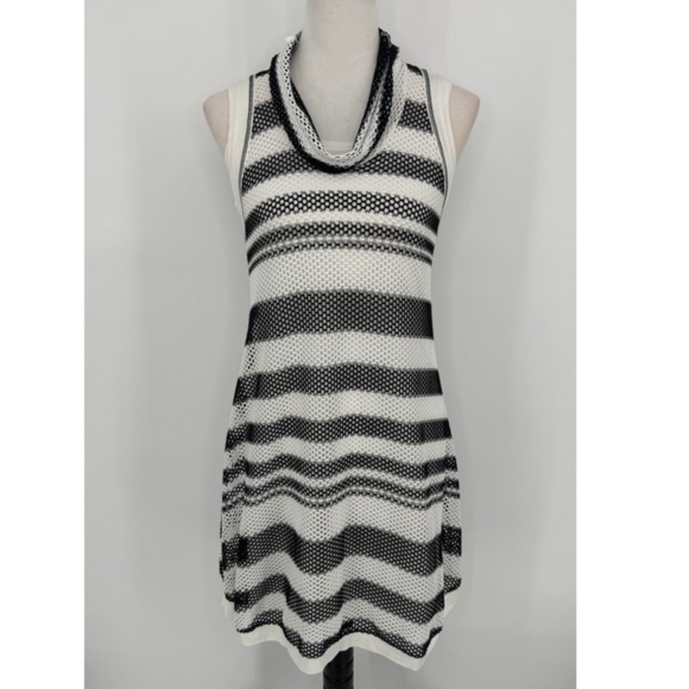 Beate Heymann Street Couture Mesh Striped Cowl Neck Dress‎ Size 6 Black White